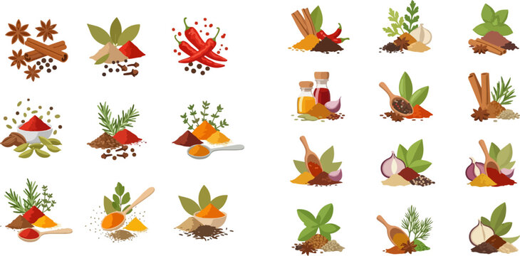 Collection of various spices and herbs, including chili, cinnamon, turmeric, and star anise, for cooking and flavoring.