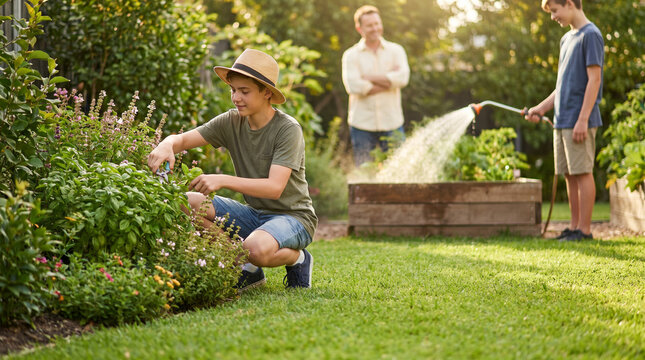 A father and his two sons enjoy a sunny summer day gardening together in their backyard vegetable patch, pruning herbs and watering plants.