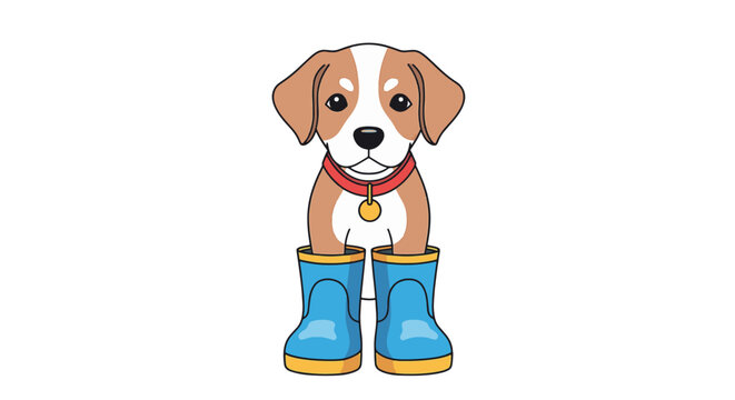 Vector illustration of a small golden retriever puppy wearing a large yellow raincoat and matching rain hat, sitting outdoors in rainy weather on a white background.