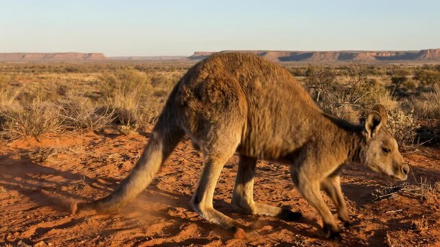 Kangaroo standing on red dirt and hopping away in the Australian outback for wildlife tourism and nature documentary concepts