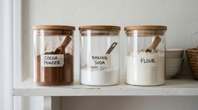 Clear glass storage jars containing baking essentials like flour and cocoa powder sit on a rustic white shelf, creating a tidy and organized kitchen aesthetic for modern home baking enthusiasts.