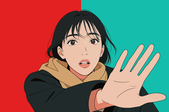 Surprised young woman making stop gesture with split color background