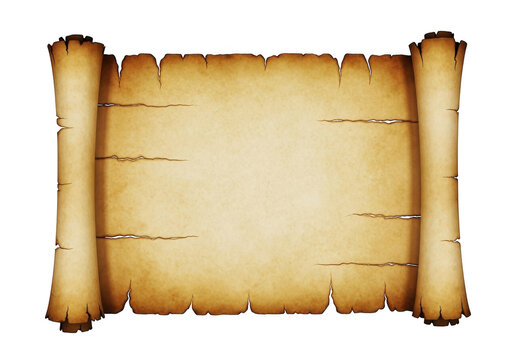 Aged parchment scroll with cracked edges and rolled ends isolated on transparent background