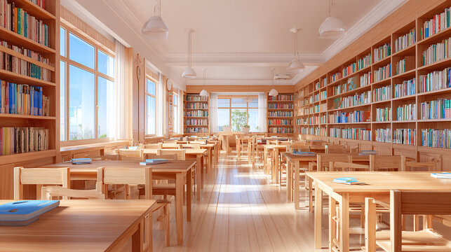 Bright sunlit library study hall with books on shelves and empty desks
