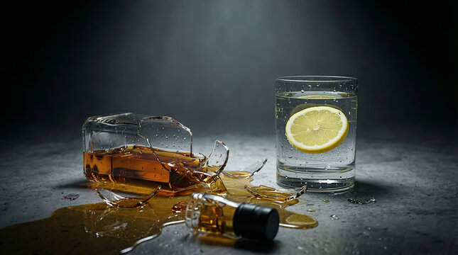 A broken bottle of whiskey next to a glass of fresh lemon water on a dark surface. Alcohol abstinence concept