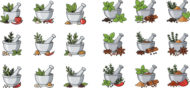 Collection of mortar and pestle with various herbs and spices for cooking and medicine.