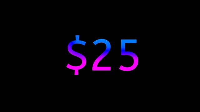 Modern Neon Price Tag $25 dollars Animation Glowing Gradient Currency Text Motion Graphics on Black Background, Loop able business concept