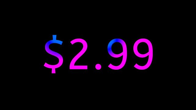 Modern Neon Price Tag $2.99 Animation Glowing Gradient Currency Text Motion Graphics on Black Background, Loop able business concept