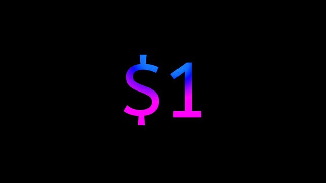 Modern Neon Price Tag $1 dolar Animation Glowing Gradient Currency Text Motion Graphics on Black Background, Loop able business concept