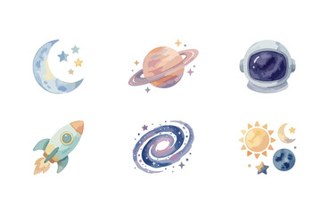 Watercolor space icons set with rocket planet and astronaut helmet © Dwi