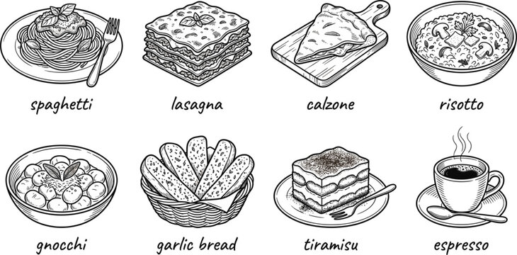 Italian food vector set with hand drawn menu icons of pasta lasagna pizza risotto gnocchi garlic bread tiramisu and espresso coffee