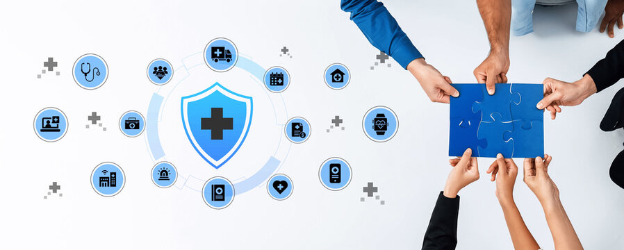 A group of diverse hands working together to solve a puzzle, symbolizing collaboration in healthcare, surrounded by icons representing various medical services and solutions. Ledger