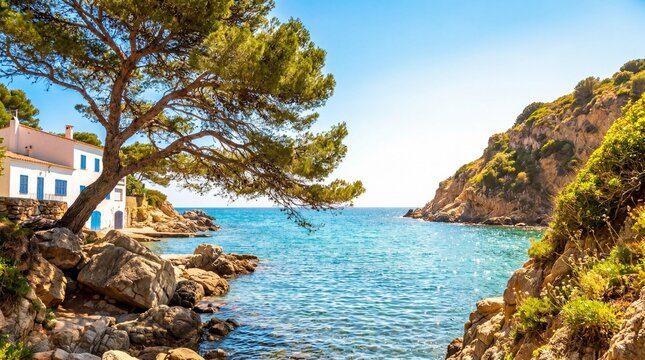 A picturesque coastal village with white houses and blue shutters sits beside a tranquil turquoise bay, framed by rocky cliffs