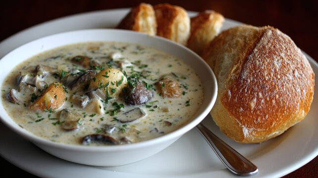 Creamy Mushroom Soup with Fresh Herbs and Crusty Bread Side Dish