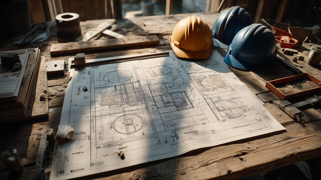 Construction site planning with blueprints and safety helmets on wooden table