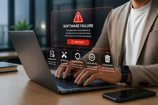 Business professional interacting with application crash report hologram featuring system restore and cache clearing options for technical troubleshooting