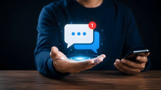Digital communication concept showing man presenting glowing holographic chat bubble with unread notification badge for modern messaging and social media networking