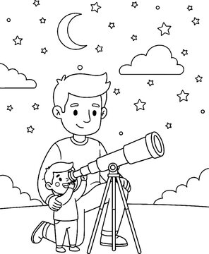 Father and Son Looking at Stars Through a Telescope at Night