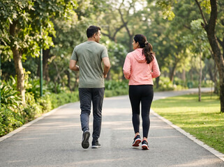 Obraz premium middle aged indian couple jogging together in park for fitness wellness relationship and active healthy lifestyle concept