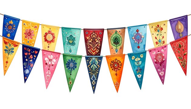 Watercolor depiction of a vibrant, festive bunting with assorted triangle flags. Each is ornately decorated with floral and geometric patterns