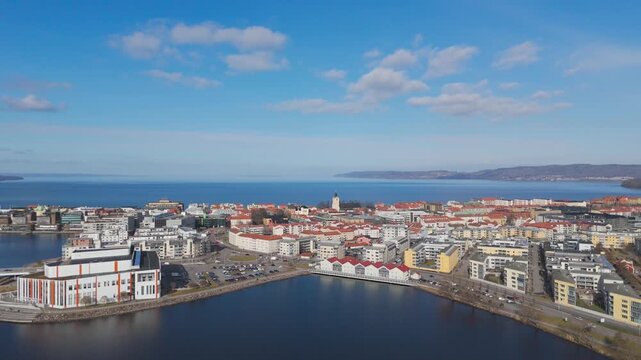 Drone aerial footage of J&ouml;nk&ouml;ping&rsquo;s vibrant waterfront, colorful cityscape, and iconic lakeshore buildings on a bright, clear day.