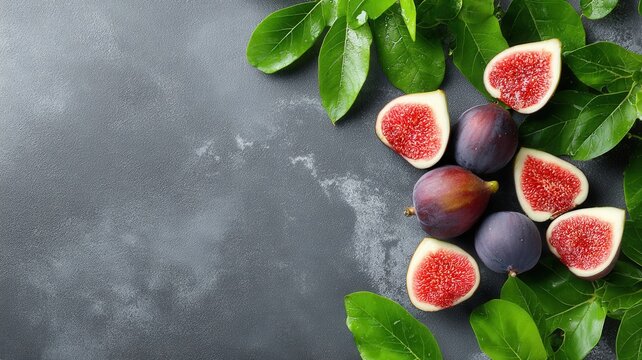 Ripe common fig fruits and fresh green leaves creating a healthy food border on textured background dark