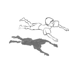 Obraz premium Raster hand drawn illustration of child learning to swim with inflatable arm bands in swimming pool, tropical sea and ocean water, summer vacation activity, top view aquatic leisure artwork. High