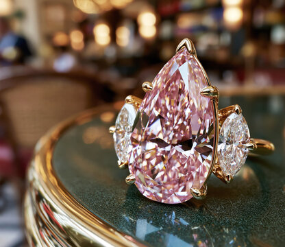 Three stone pink pear cut diamond engagement ring with marquise side stones in yellow gold setting.