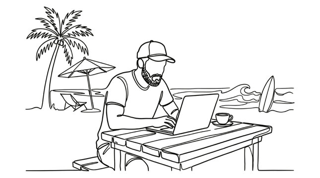 Travel Season Man Working on Laptop at Beach Cafe Line Art &ndash; Casual Remote Work Illustration