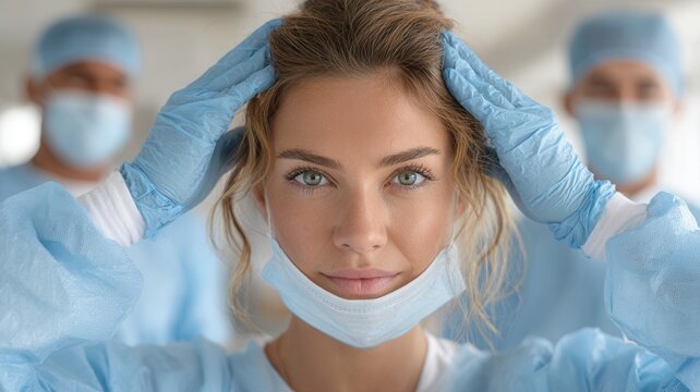 Young female doctor smiling, pulling down face mask, showing relief and healthcare dedication setting