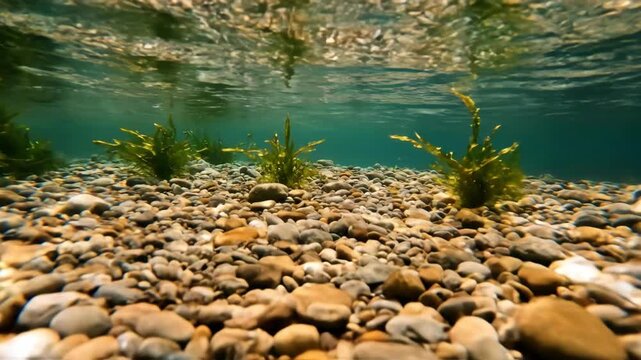 Underwater riverbed with pebbles and aquatic plants while sunlight streams through the clear turquoise water