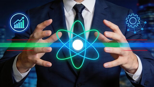 Businessman holding glowing neon atom symbol representing nuclear energy or science innovation, surrounded by growth charts and gear icons, illustrating industrial progress and