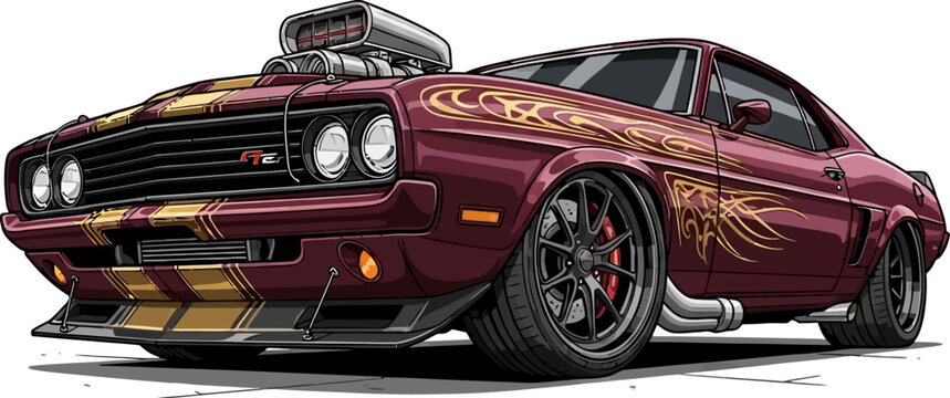 Maroon Pro Street Muscle Car Supercharger Retro Vector