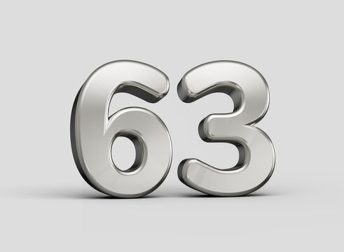 Glossy 3D silver metallic number sixty three on a grey background. 3d illustration