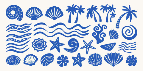 blue ocean themed illustrations with seashells waves and palm trees © Ripa