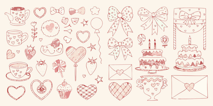 hand drawn love doodles and romantic illustrations on beige background