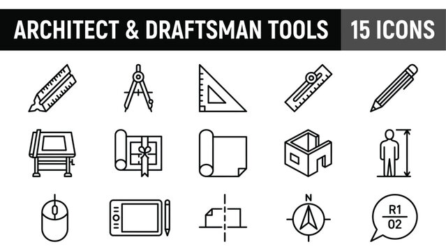 Architect and draftsman tools icon set, 15 professional engineering line vectors, blueprint and drawing equipment