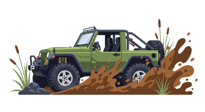 Off road green vehicle splashing through deep mud in a swamp