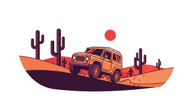 Orange off-road suv driving on desert sand dunes under red sun