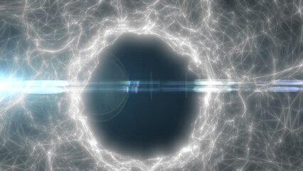 White glowing energy portal with electric halo and lens flare on a futuristic wireframe network grid, abstract sci-fi technology background © Bolbik