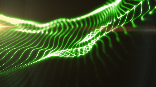 Bright green luminous wave made of dotted lines on a dark background, suggesting digital motion, energy transfer, and futuristic design