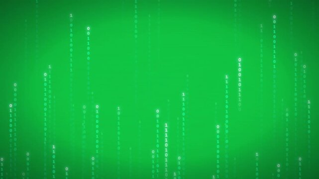 Falling white binary code rain animation over a solid green screen background