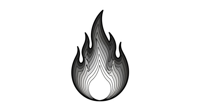 Monochrome abstract flame illustration with layered contour lines, isolated on white background