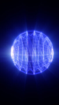 Futuristic blue wireframe sphere with glowing network lines, digital geometry, and technology data structure.