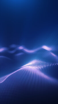 Futuristic neon wave lines over dark blue abstract digital landscape