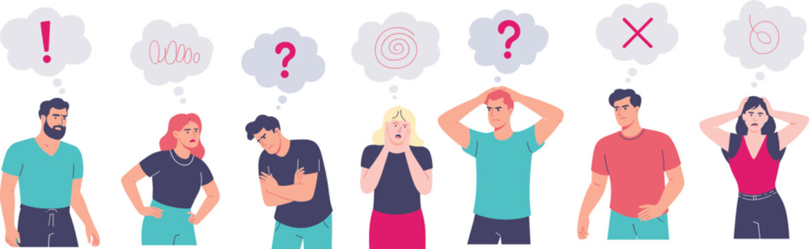 Angry and confused diverse people experiencing mental stress, frustration, problem solving issues, headache and negative emotions with symbolic thought bubbles.