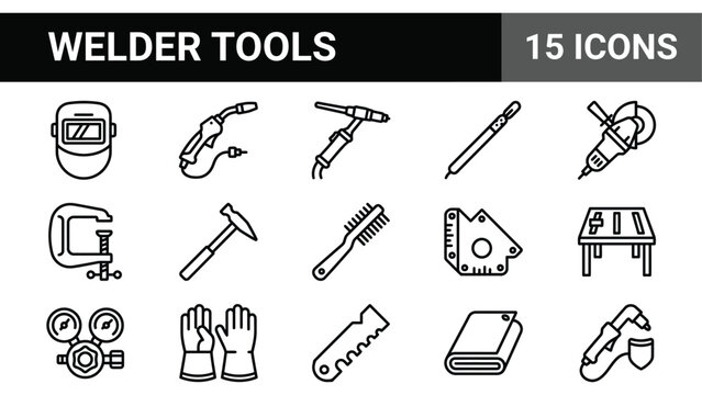Welder tools icon set, 15 professional welding equipment line icons, industrial metalwork and fabrication vector art