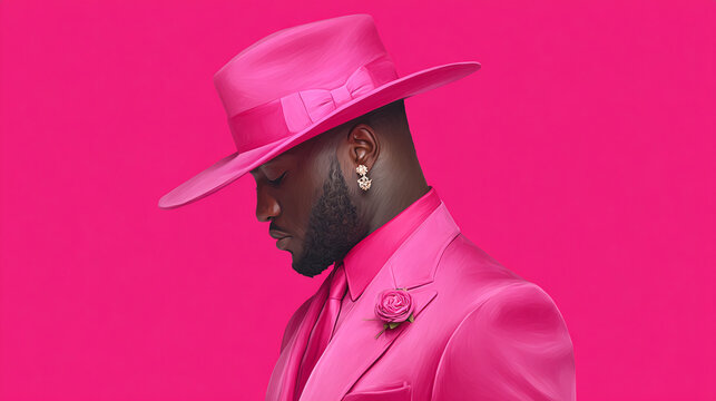 Stylish Man in Vibrant Pink Suit and Hat, Confident Pose, Rich Color Background