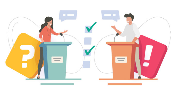Quiz game debates show of man woman modern cartoon graphic illustration isolated on white background, happy people on podium stage having vote question answer fun  contest dialogue time clip art
