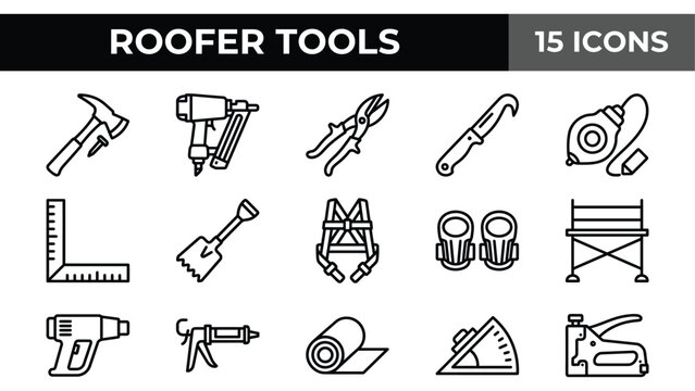 Roofer tools icon set, 15 roofing equipment line icons, professional construction and home repair vector elements